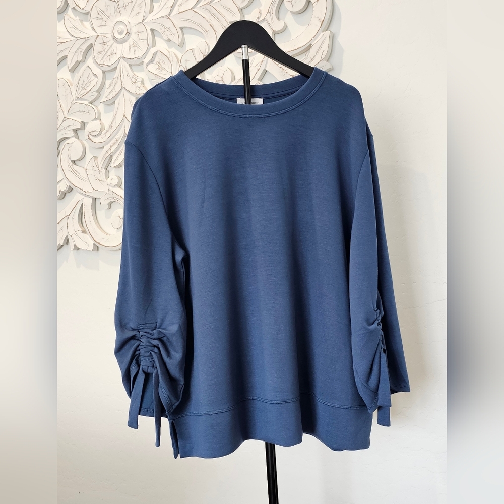 Westbound Blue Ruched Sleeve Sweatshirt